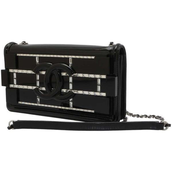 9115071 01 Chanel Chain Shoulder Bag Coco Mark Lego Boy Rhinestone Logo Enamel Patent Leather Clutch Black