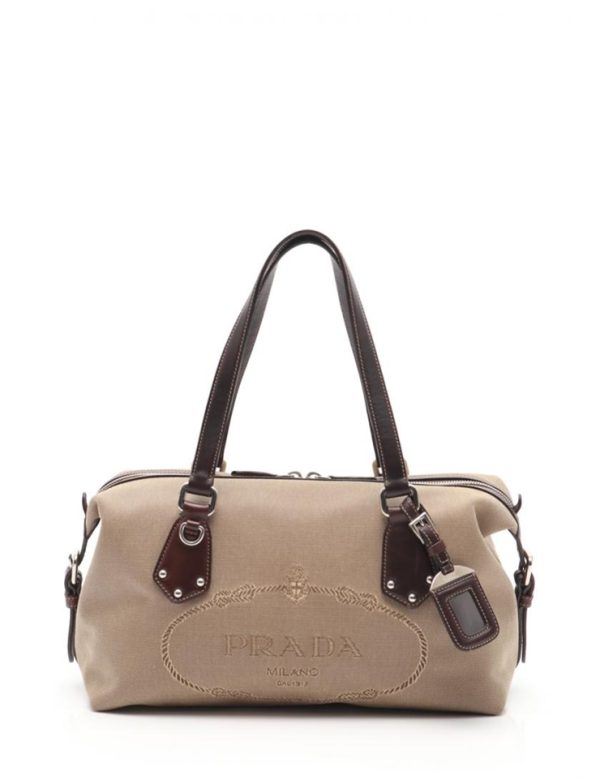 919063007271 1 Prada Jacquard Leather Mini Boston Handbag Beige Brown