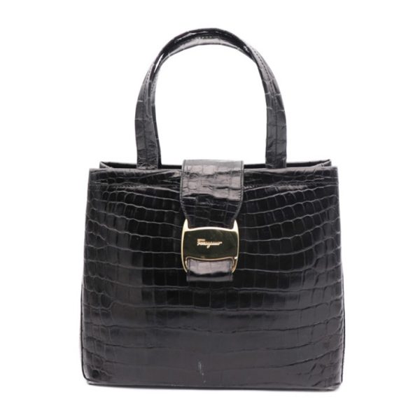 921053002186 1 Salvatore Ferragamo Vara Croco Embossed Leather Handbag Black