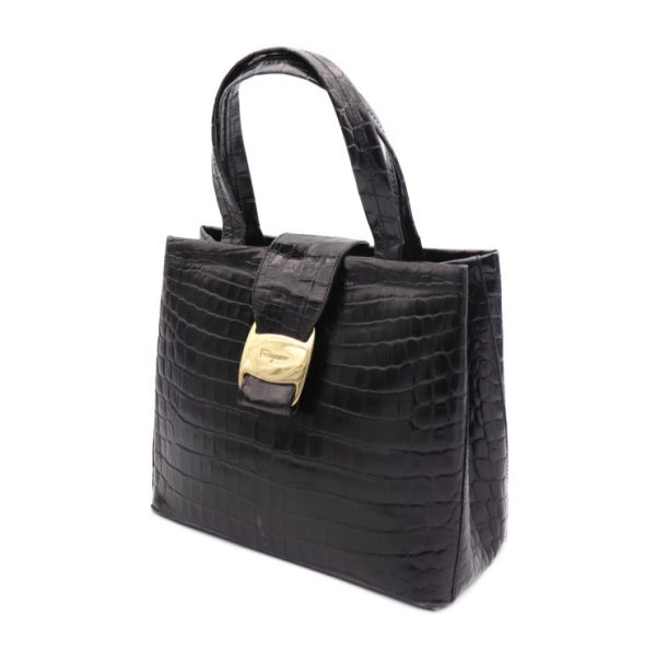 921053002186 2 Salvatore Ferragamo Vara Croco Embossed Leather Handbag Black