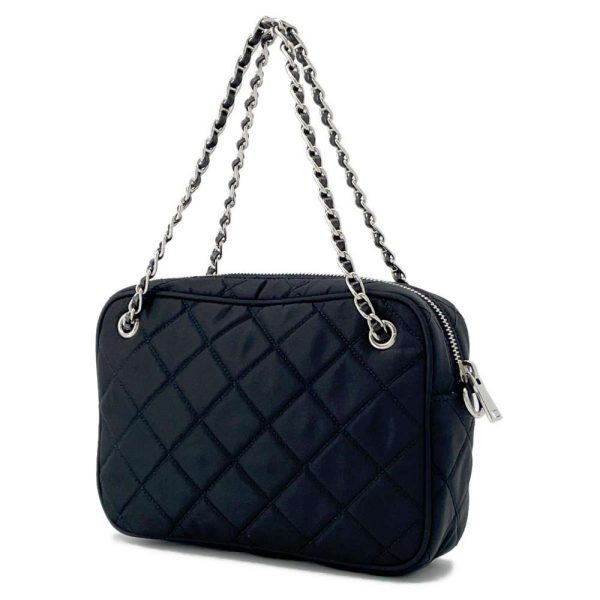 9609020 02 Prada Handbag Quilted Nylon Chain Shoulder Black