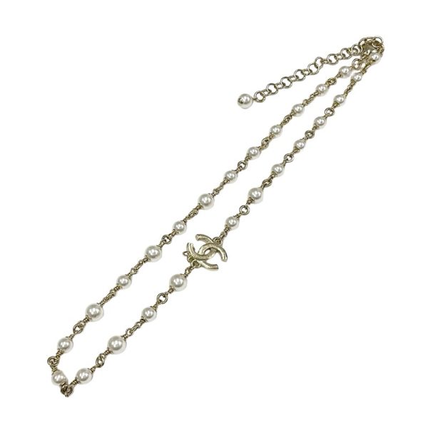 9718 1 Chanel Coco Mark Pearl Rhinestone Pendant Necklace Gold