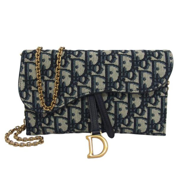 97819 1 Dior Oublique Saddle Long Chain Wallet Navy Gray