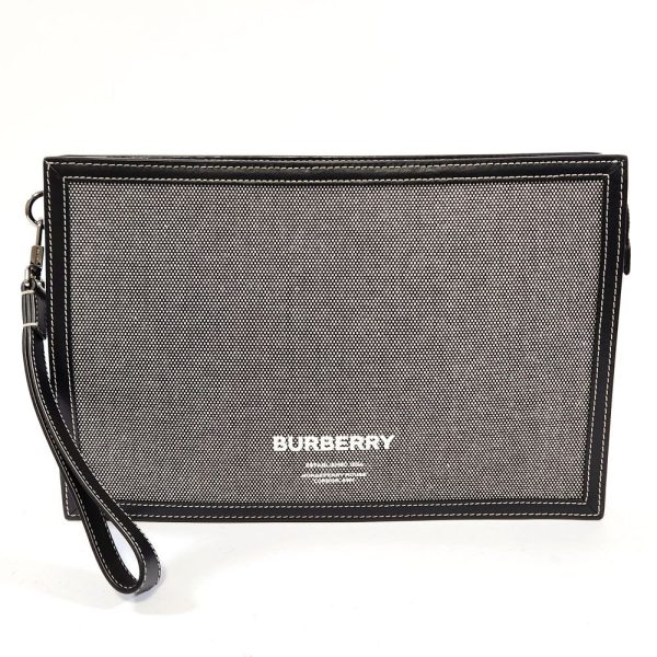 991 1 Burberry Logo Canvas Leather Clutch Bag Gray