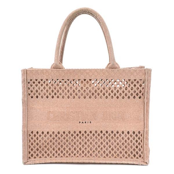 99707a Christian Dior Embroidery Mesh Book Tote Medium Canvas Handbag Pink