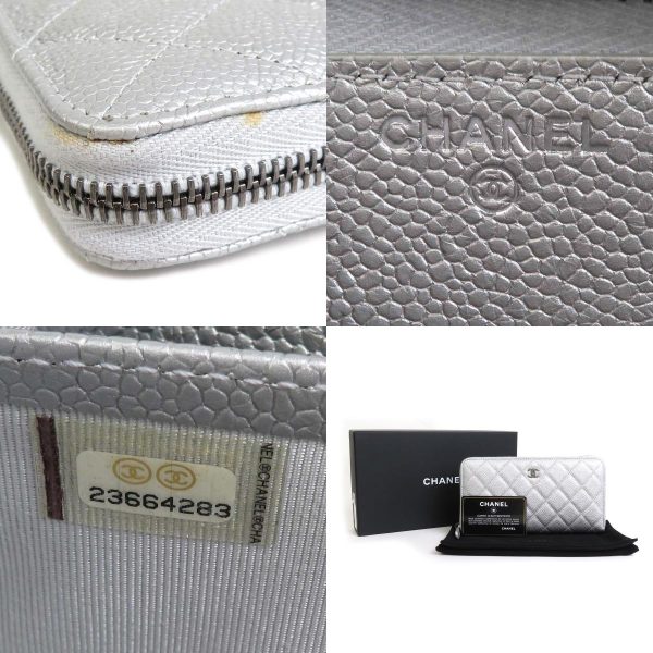 99783g 4 c Chanel Matelasse Caviar Skin Leather Round Zipper Long Wallet Silver