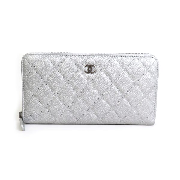 99783g Chanel Matelasse Caviar Skin Leather Round Zipper Long Wallet Silver