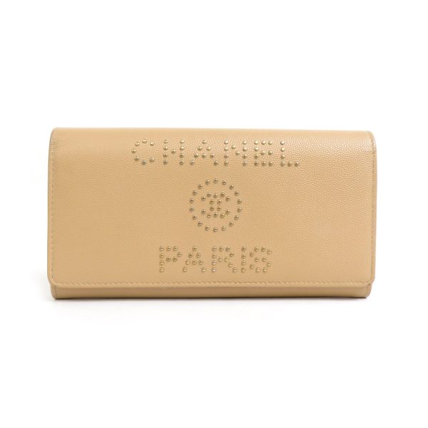 a0298 Chanel Deauville Leather Long Wallet Beige