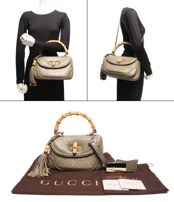 a178654001 8 Gucci 2way Leather Handbag Ostrich Bamboo Green