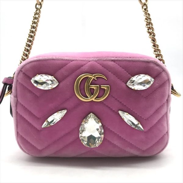 a3568 1 Gucci GG Marmont Velour Stone Chain Shoulder Bag Pink