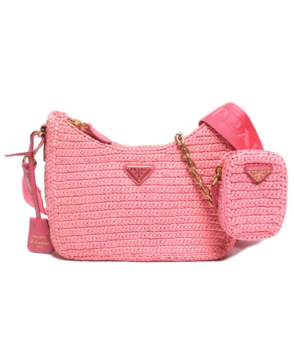 abo0073784 1 Prada 2way Shoulder Basket Crochet Bag Pink