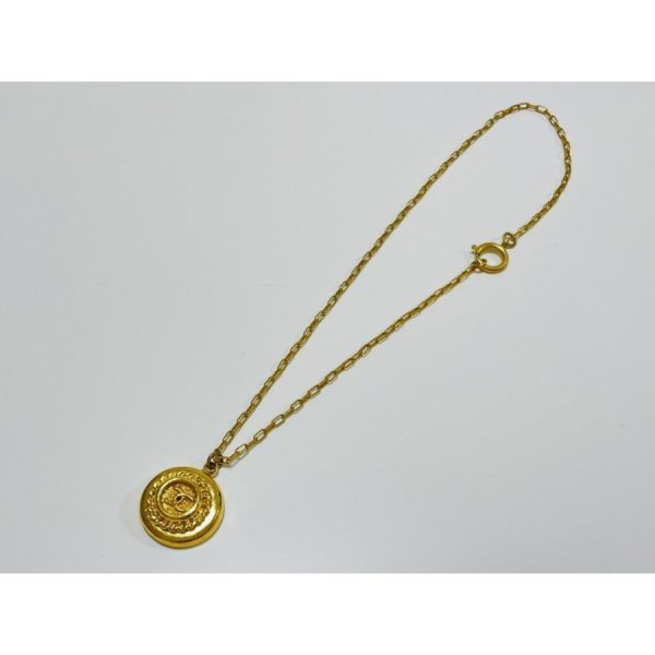 compass1681107851 Chanel Coco Mark Vintage Small Round GP Metal Necklace Gold