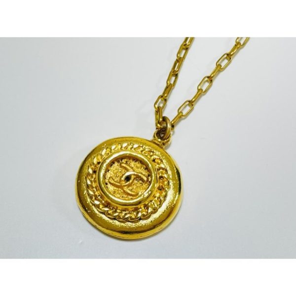 compass1681107883 Chanel Coco Mark Vintage Small Round GP Metal Necklace Gold