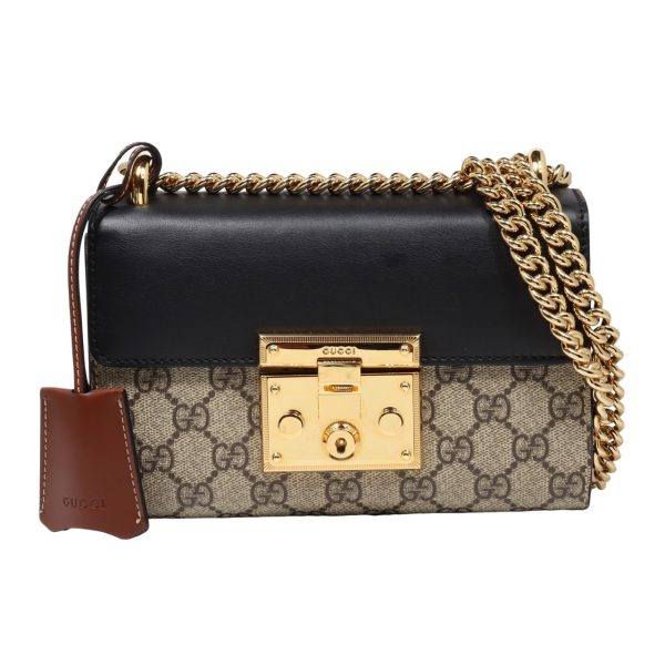 compass1712651394 Gucci Padlock GG Supreme Chain Shoulder Bag PVC Canvas Leather Black Beige Small