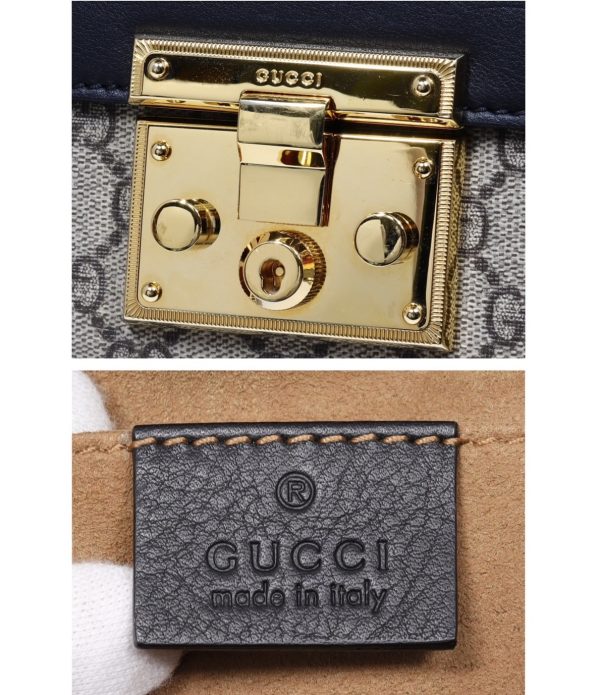 compass1712651468 Gucci Padlock GG Supreme Chain Shoulder Bag PVC Canvas Leather Black Beige Small