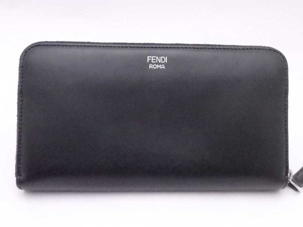 e54474g 1 Fendi Leather Round Zipper Long Wallet Black Multicolor Silver