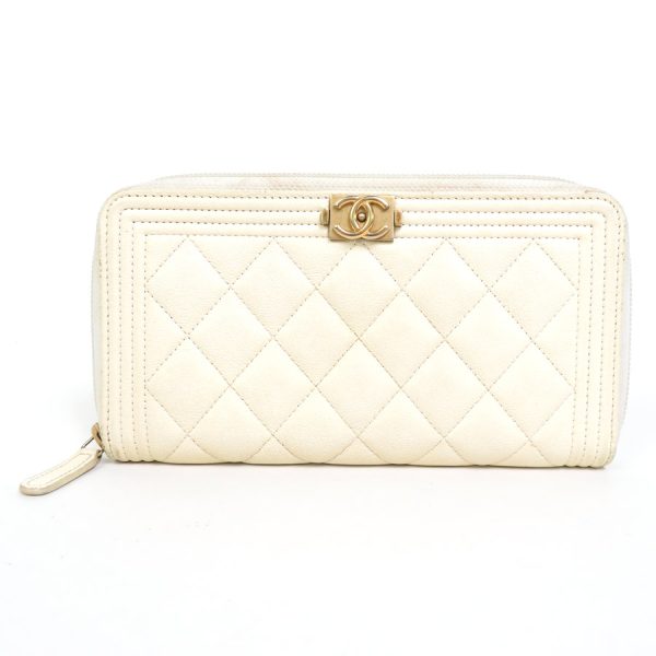 e55885i Chanel Boy Chanel Caviar Skin Leather Round Zipper Long Wallet Off White