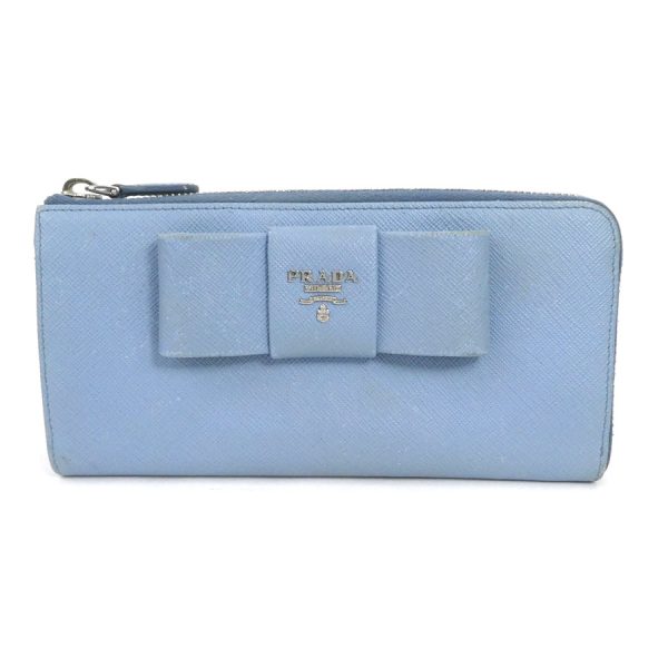 e56637a Prada Leather Logo Ribbon L Shaped Zipper Long Wallet Light Blue