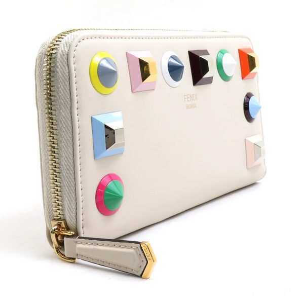 e57832k 1 Fendi Studded Leather Metal Round Zipper Long Wallet Ivory