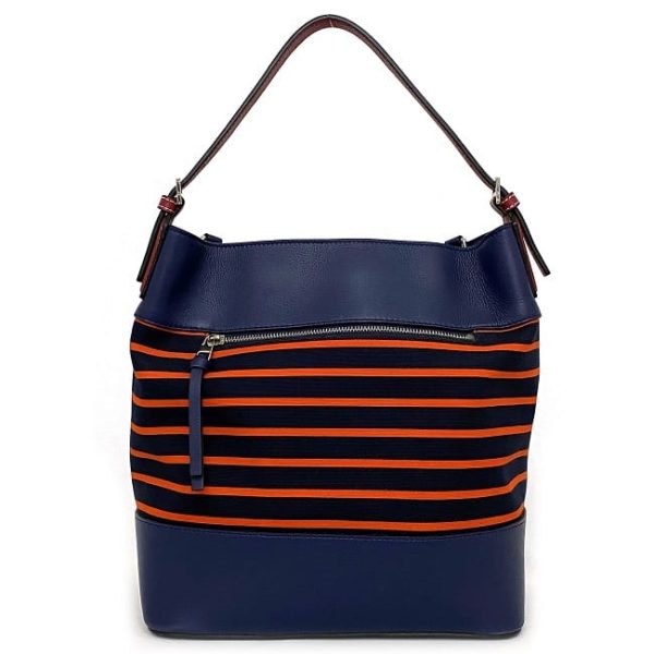 f16801 4 Loewe Midnight Stripe Leather Drawstring Bag Navy