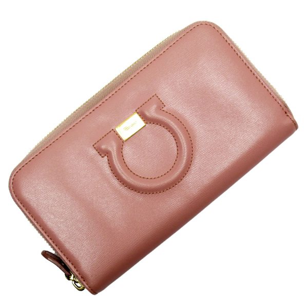 g3524a Salvatore Ferragamo Round Zipper Long Wallet Leather Pink Gold