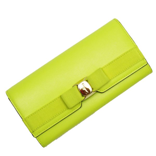 g3952g Salvatore Ferragamo Long Wallet Rose Ribbon Leather Yellow