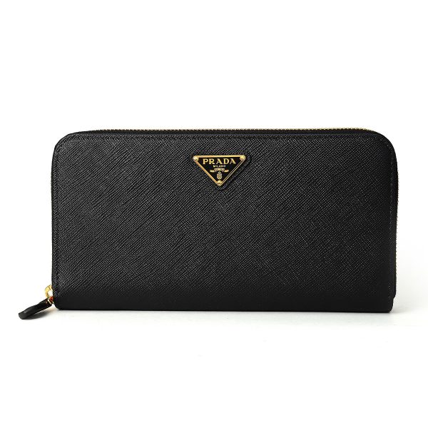 gpz1ml506qhhf0002 1 Prada Saffiano Triangle Long Wallet Round Zipper Black Gold