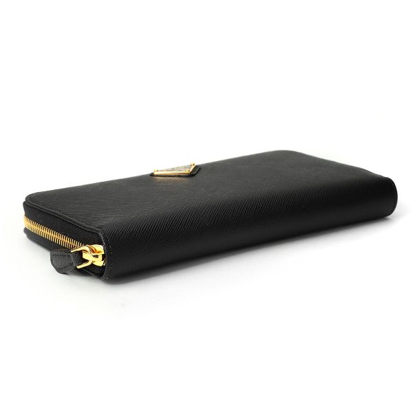 gpz1ml506qhhf0002 3 Prada Saffiano Triangle Long Wallet Round Zipper Black Gold