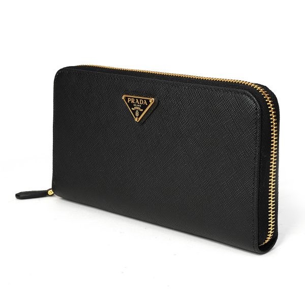 gpz1ml506qhhf0002 4 Prada Saffiano Triangle Long Wallet Round Zipper Black Gold