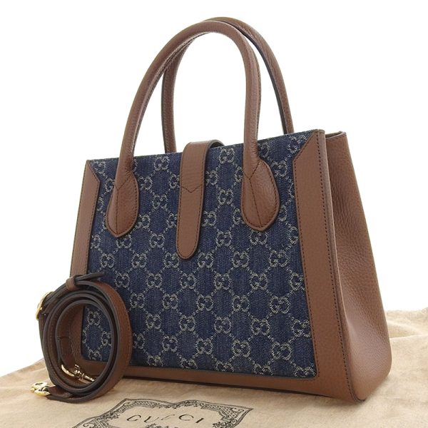 gu0455 2 Gucci Jackie Medium Tote Denim Leather Indigo Blue Brown