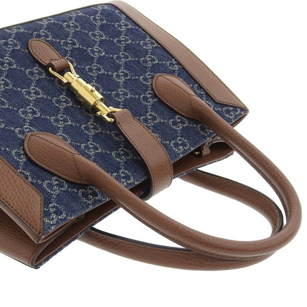 gu0455 4 Gucci Jackie Medium Tote Denim Leather Indigo Blue Brown