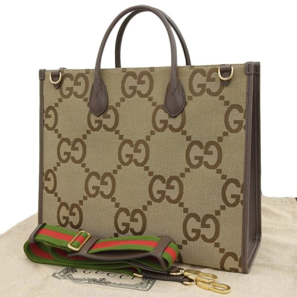 gu0517 2 Gucci Jumbo Tote Bag Shoulder Bag Canvas Leather Beige Brown