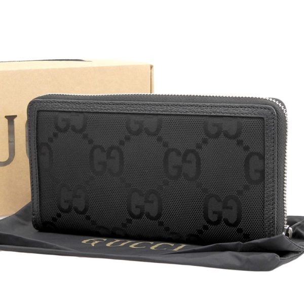 gu0541 2 Gucci Grid Zip Around Wallet Long Wallet Nylon Leather Black