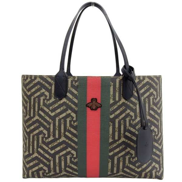 gu0543 1 Gucci Kaleido Web Bee Tote Bag Leather Beige Black