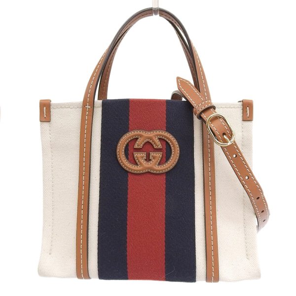 gu0558 1 Gucci Web Stripe Interlocking G Mini Tote Bag Canvas Leather Ivory