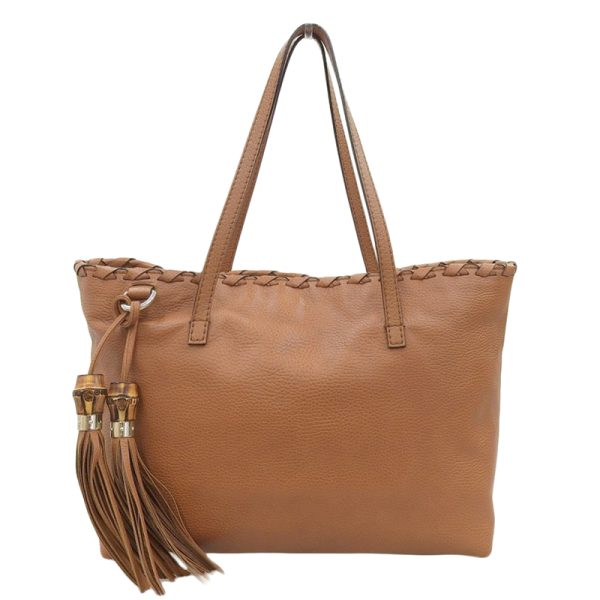 gu0562 1 Gucci Tote Bag Bamboo Tassel Leather Brown