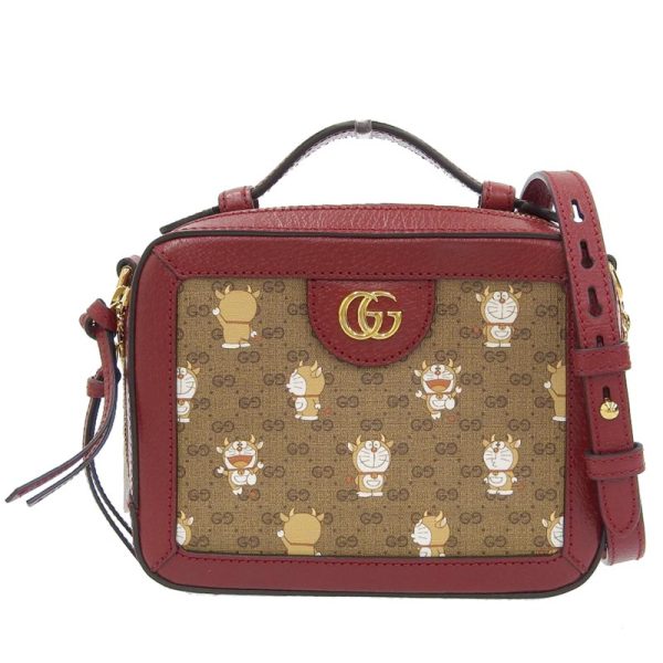 gu0576 1 Gucci Mini Supreme Shoulder Bag Doraemon Leather Beige Red