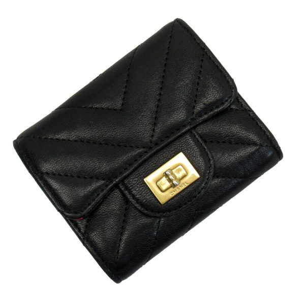 h28141a 1 Chanel 255 Chevron V Stitch Lambskin Trifold Wallet Black