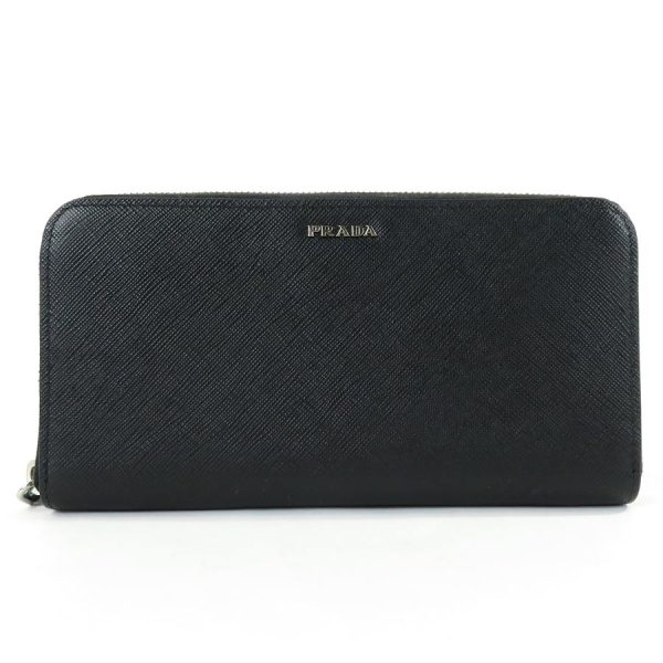 h29190f Prada Leather Round Zipper Long Wallet Black