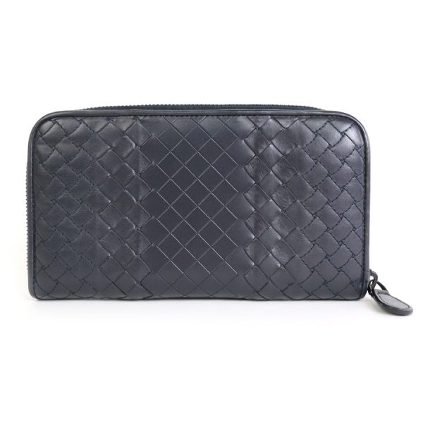 h29343g 1 Bottega Veneta Round Zipper Long Wallet Intrecciato Leather Navy