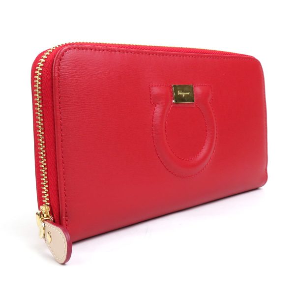 h29845f 1 Salvatore Ferragamo Round Zipper Long Wallet Gancini Leather Red