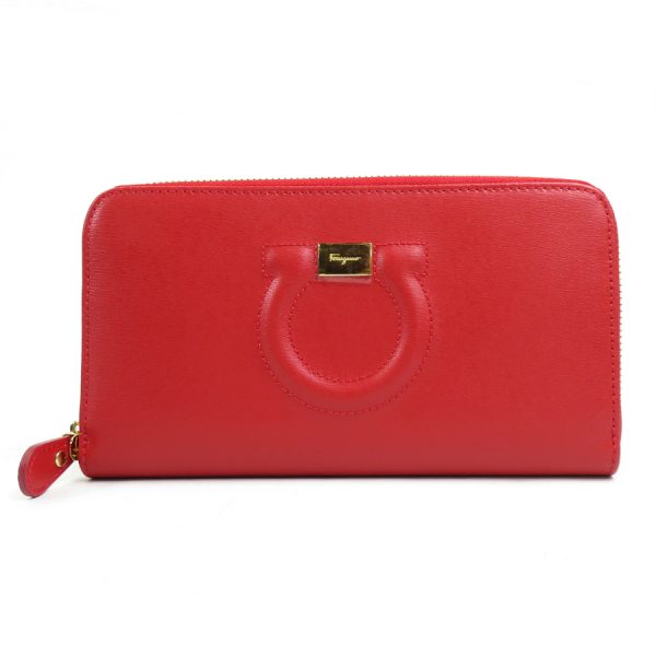 h29845f Salvatore Ferragamo Round Zipper Long Wallet Gancini Leather Red