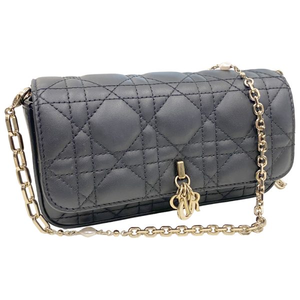 i23 2010 1 Christian Dior Phone Pouch Chain Fake Pearl Lambskin Shoulder Bag Black