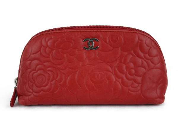 imgrc0073097143 Chanel Camellia Cosmetic Pouch Red Silver Hardware