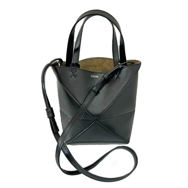 imgrc0086552959 Loewe Puzzle Shiny Calf Leather Mini 2 Way Fold Tote Bag Black