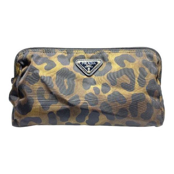 imgrc0107015977 Prada Cosmetic Pouch Triangular Plate Logo Leopard Print Nylon Brown