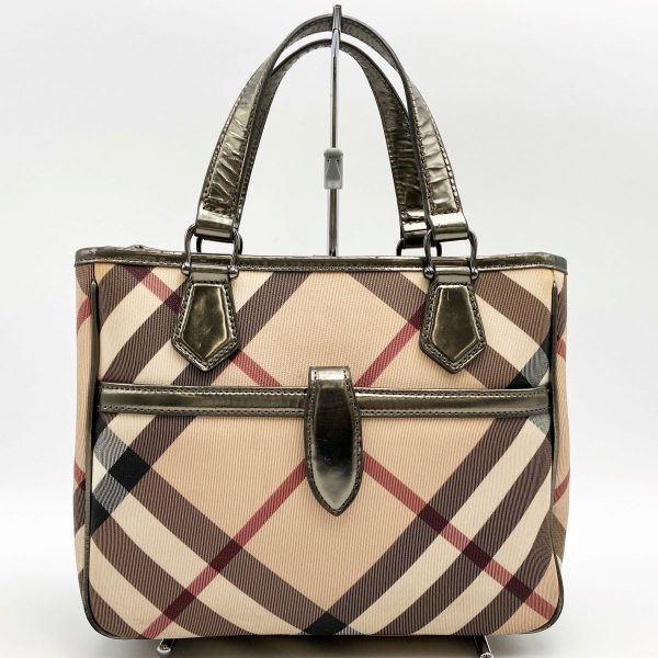 it38lmgzuely 1 Burberry Tote Handbag Check Pattern Metallic PVC Beige