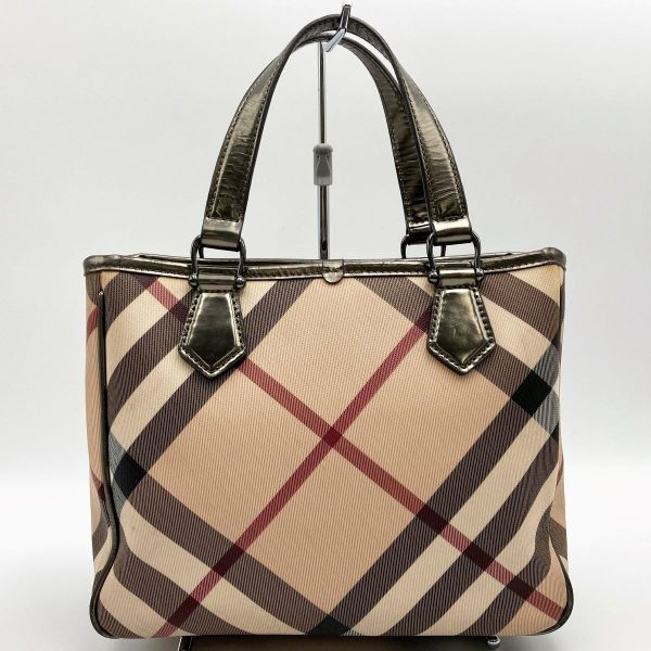 it38lmgzuely 2 Burberry Tote Handbag Check Pattern Metallic PVC Beige