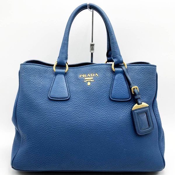 it7p0hh0azbw 1 Prada Leather Tote Handbag Blue Gold Hardware