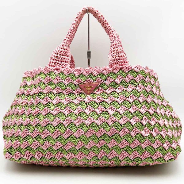 itc21w6qpya8 1 Prada Kanapa Straw Mesh Tote Handbag Pink Green